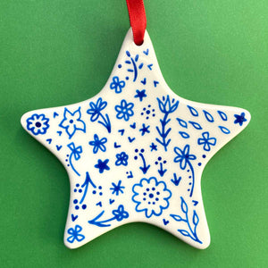 Blue Floral Hand Painted Star Ornament