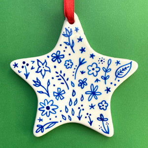 Blue Floral Hand Painted Star Ornament