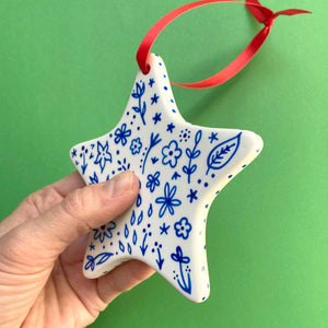 Blue Floral Hand Painted Star Ornament