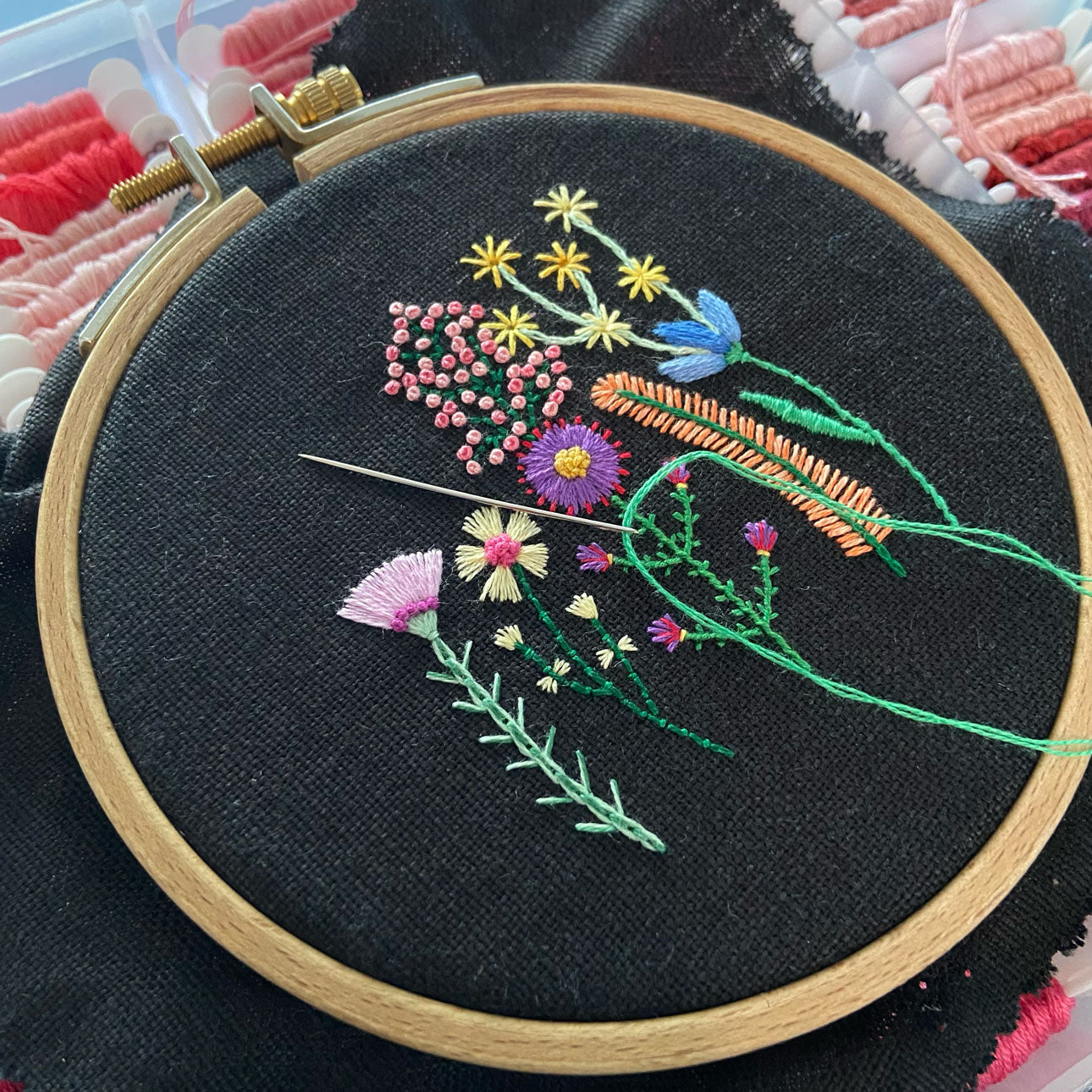 Rainbow Flowers (2.5") on Black Linen Hand Embroidered Art