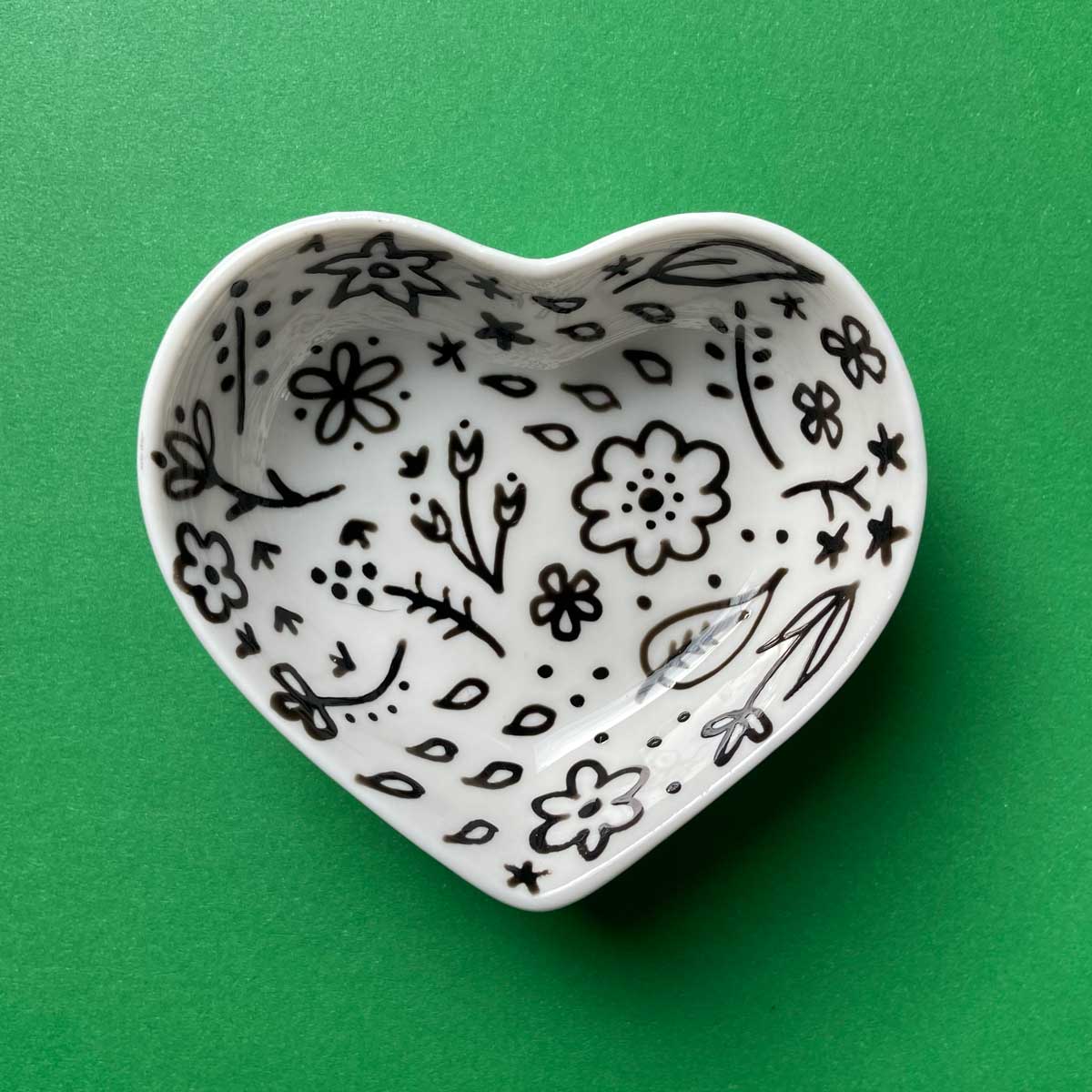 Black Floral - Hand Painted Porcelain Heart Bowl