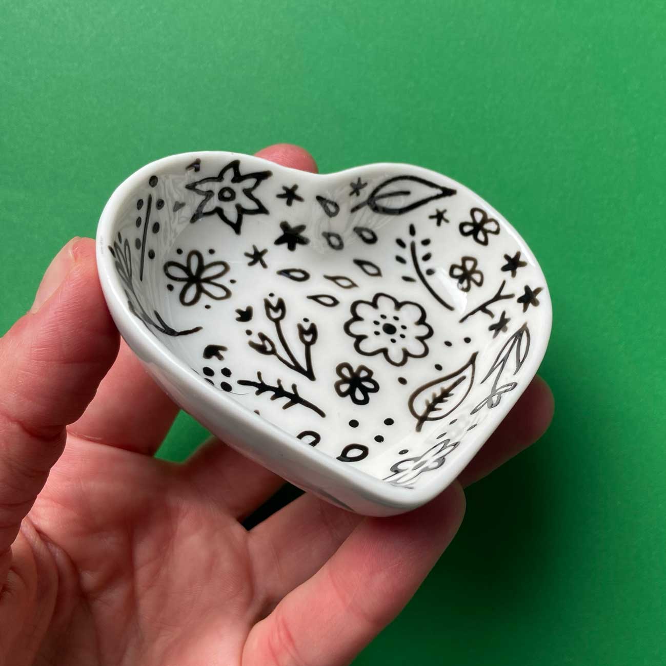Black Floral - Hand Painted Porcelain Heart Bowl