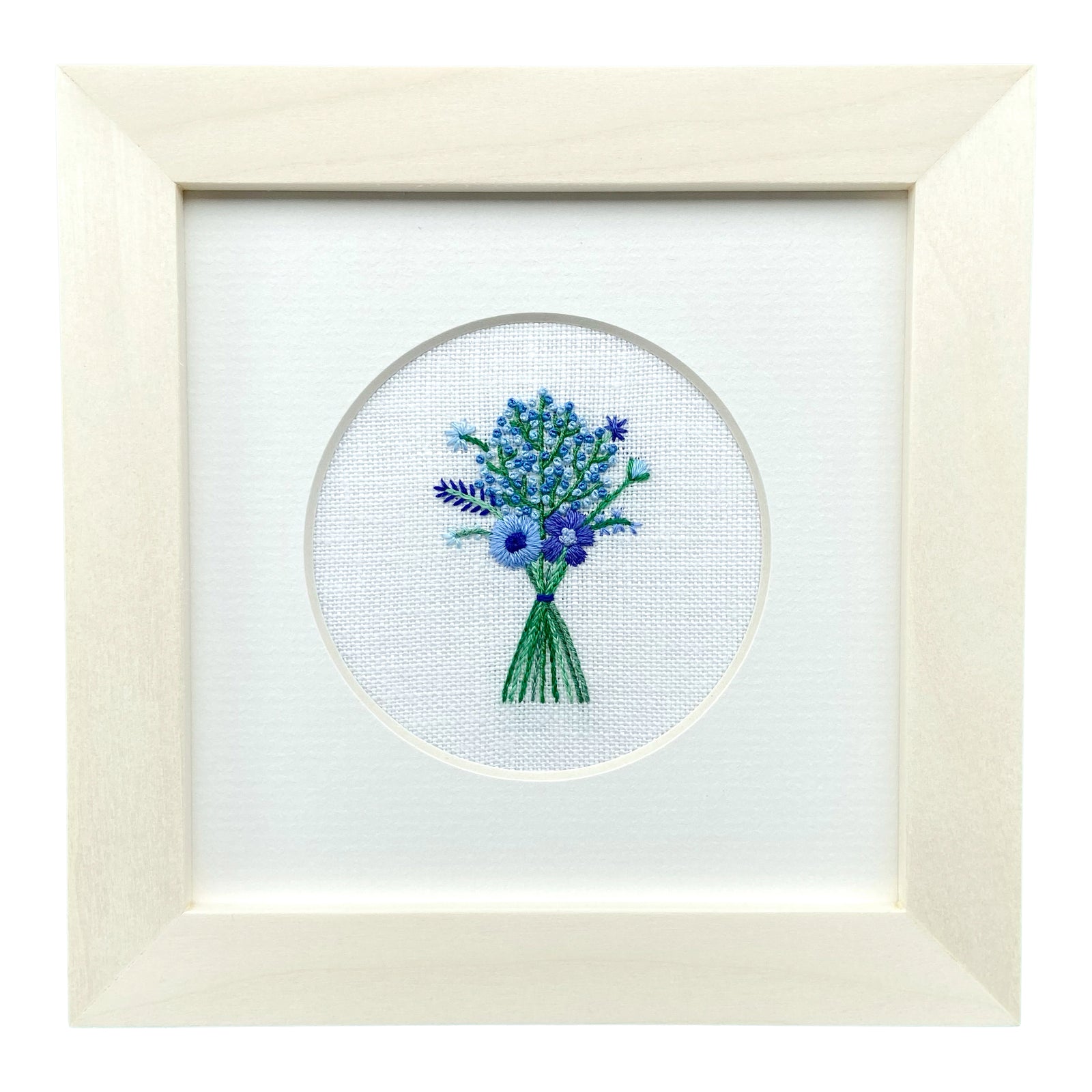 Blue Floral Bouquet on Cream Linen Hand Embroidered Art