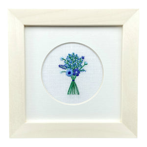 Blue Floral Bouquet on Cream Linen Hand Embroidered Art