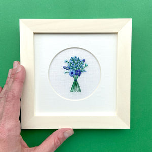 Blue Floral Bouquet on Cream Linen Hand Embroidered Art