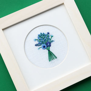 Blue Floral Bouquet on Cream Linen Hand Embroidered Art