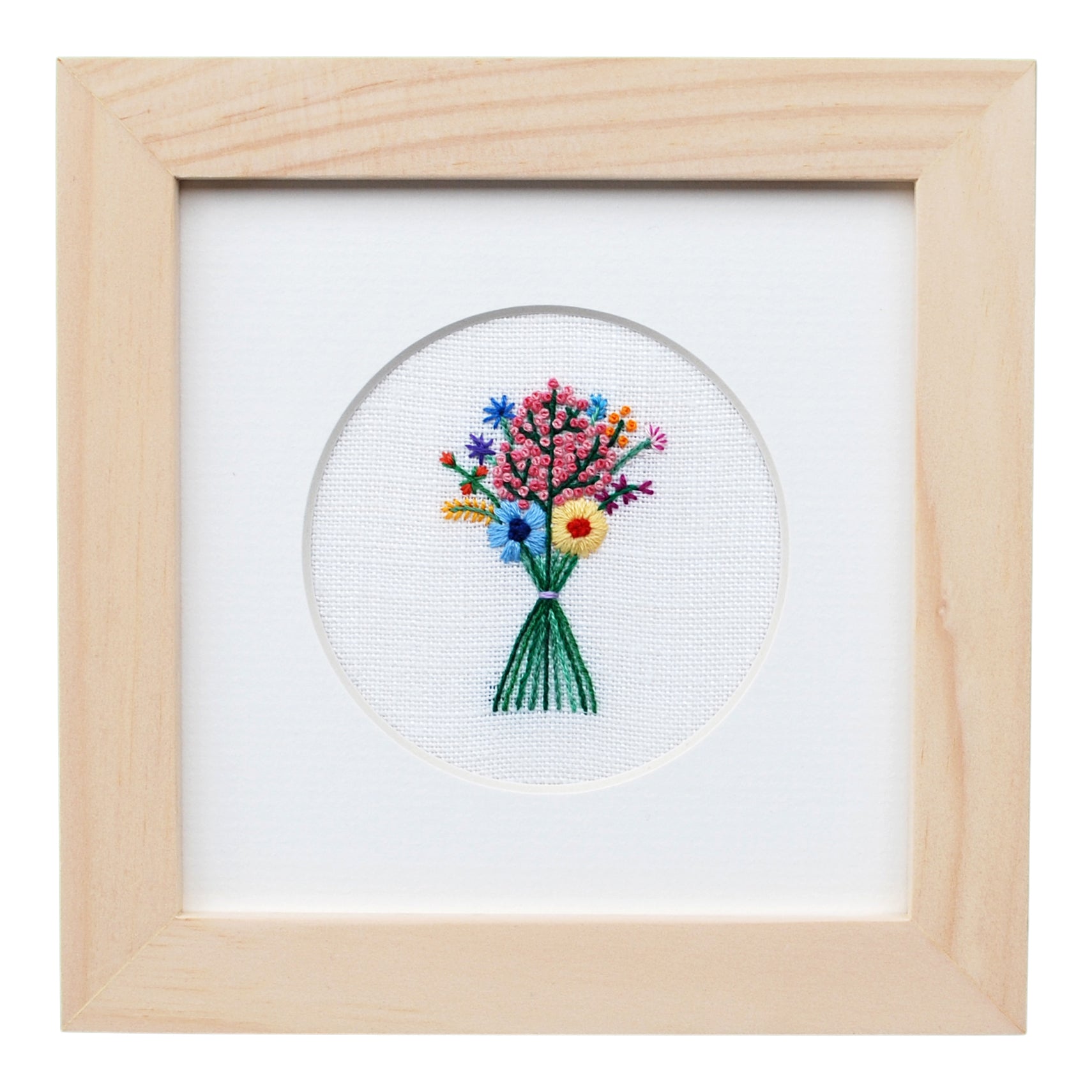 Rainbow Bouquet with Pink Buds on Cream Linen Hand Embroidered Art