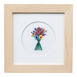 Rainbow Bouquet with Pink Buds on Cream Linen Hand Embroidered Art