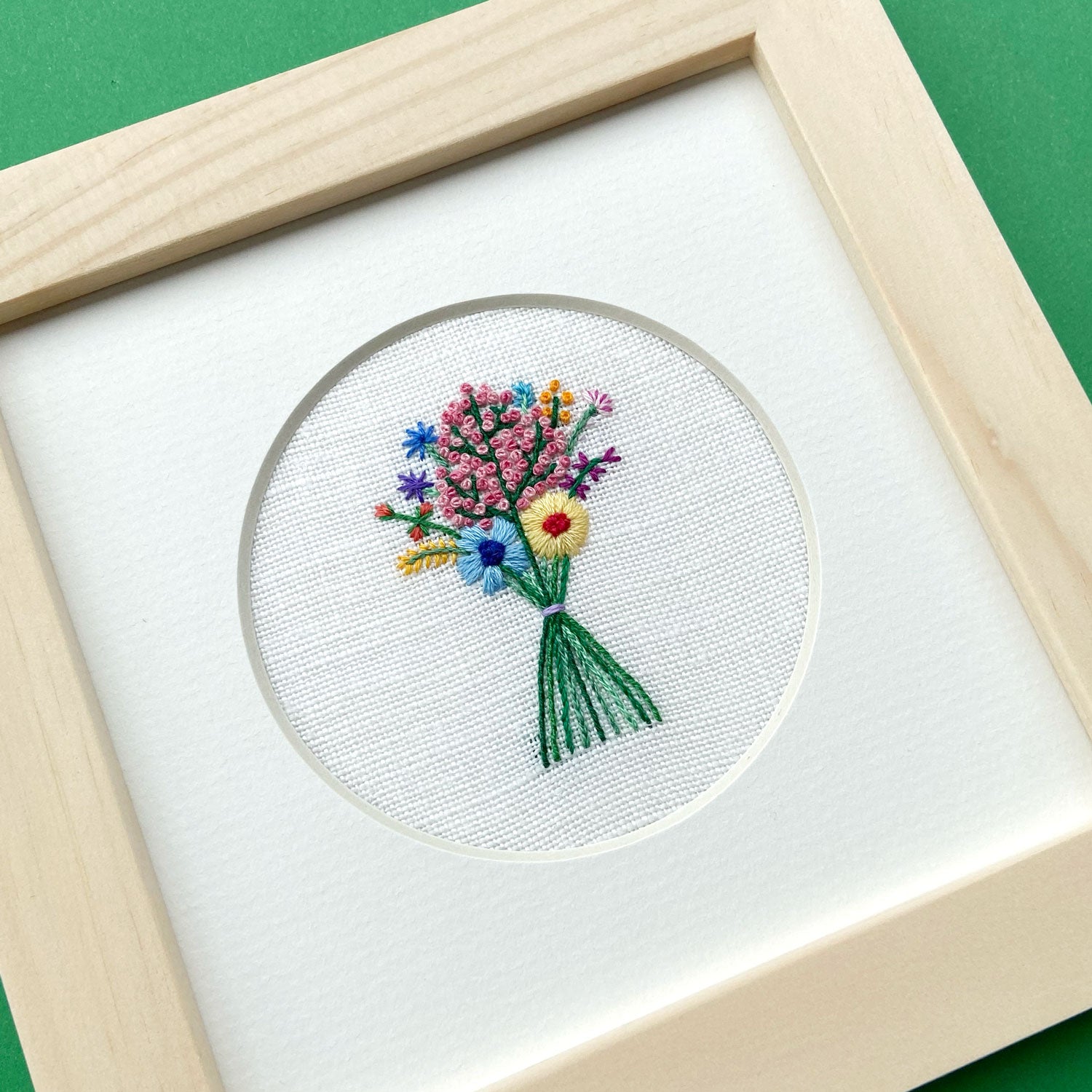 Rainbow Bouquet with Pink Buds on Cream Linen Hand Embroidered Art