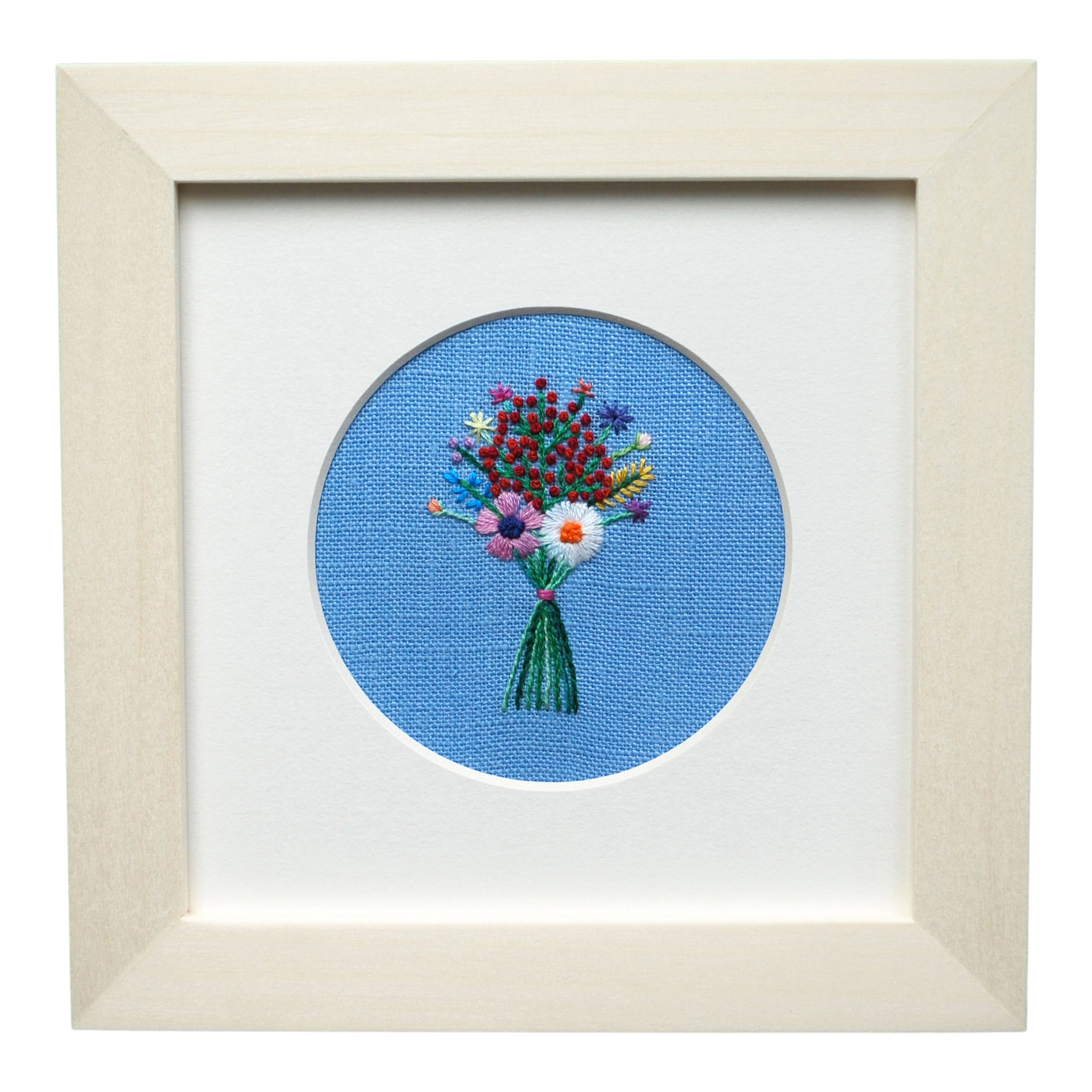 Rainbow Bouquet with Red Buds on Blue Linen Hand Embroidered Art