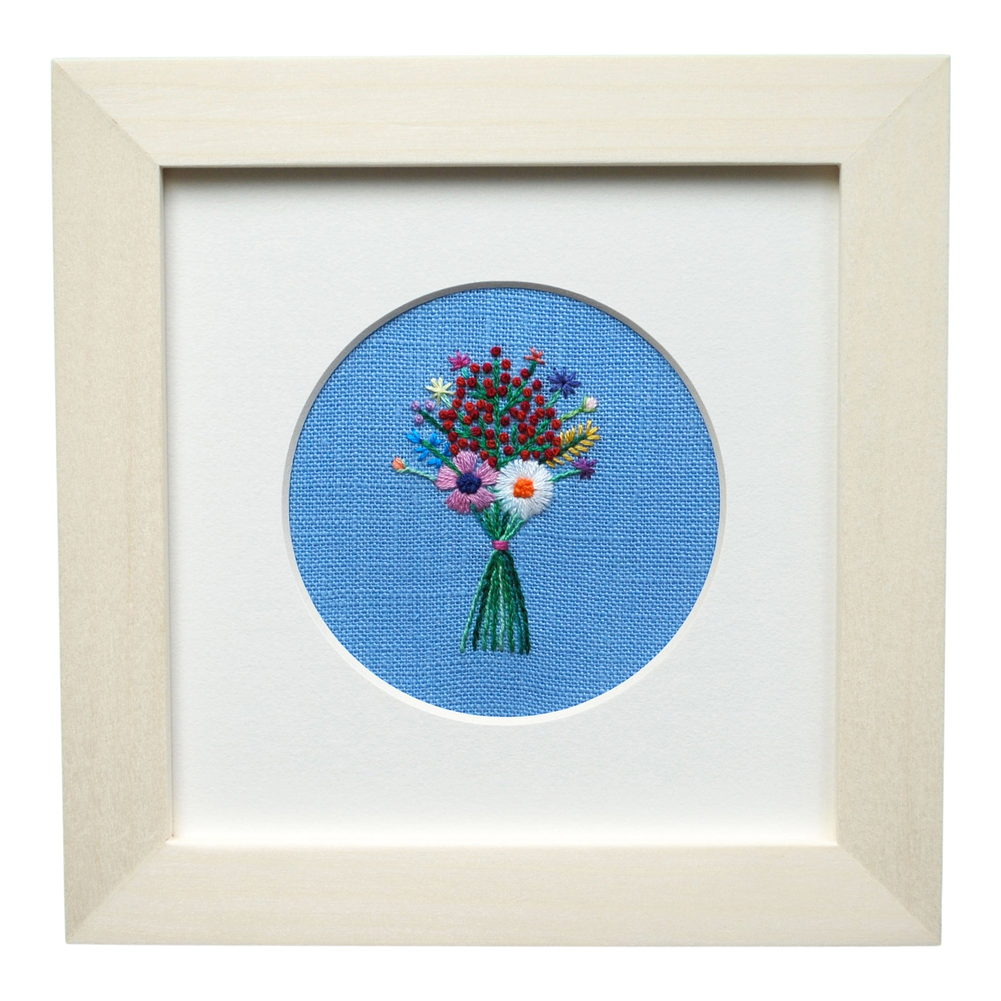 Rainbow Bouquet with Red Buds on Blue Linen Hand Embroidered Art
