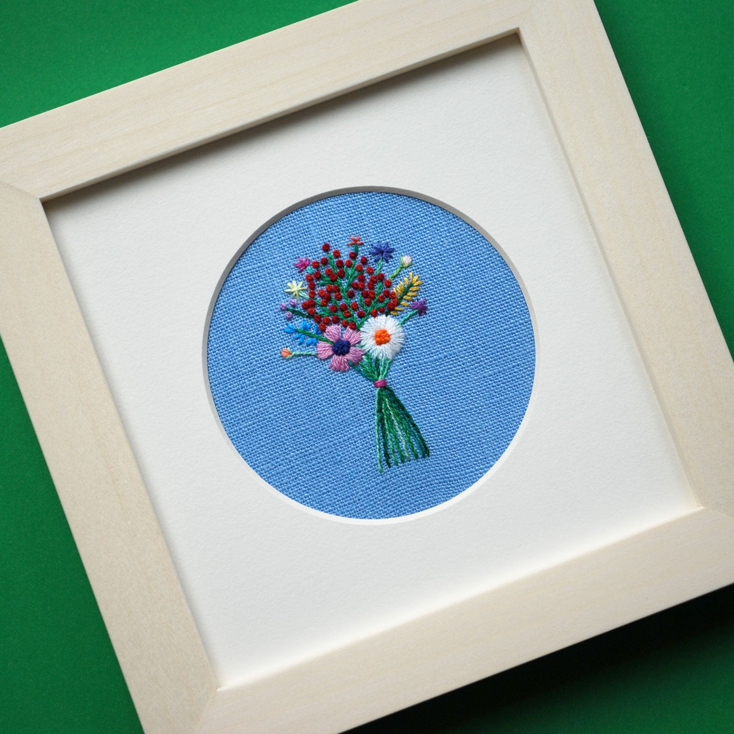 Rainbow Bouquet with Red Buds on Blue Linen Hand Embroidered Art