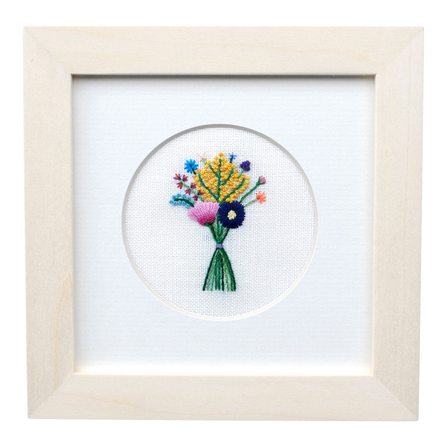 Rainbow Bouquet with Yellow Buds on Cream Linen Hand Embroidered Art