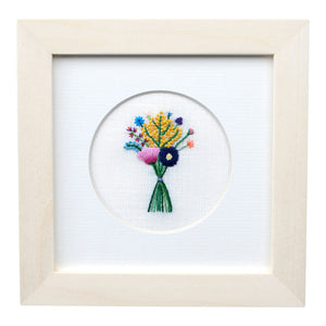 Rainbow Bouquet with Yellow Buds on Cream Linen Hand Embroidered Art