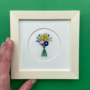 Rainbow Bouquet with Yellow Buds on Cream Linen Hand Embroidered Art