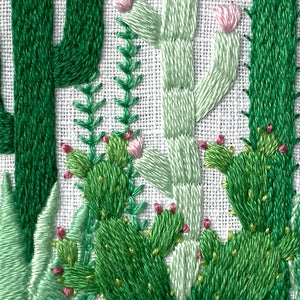 Cactus Grouping 2 (2.25") on White Linen Hand Embroidered Art