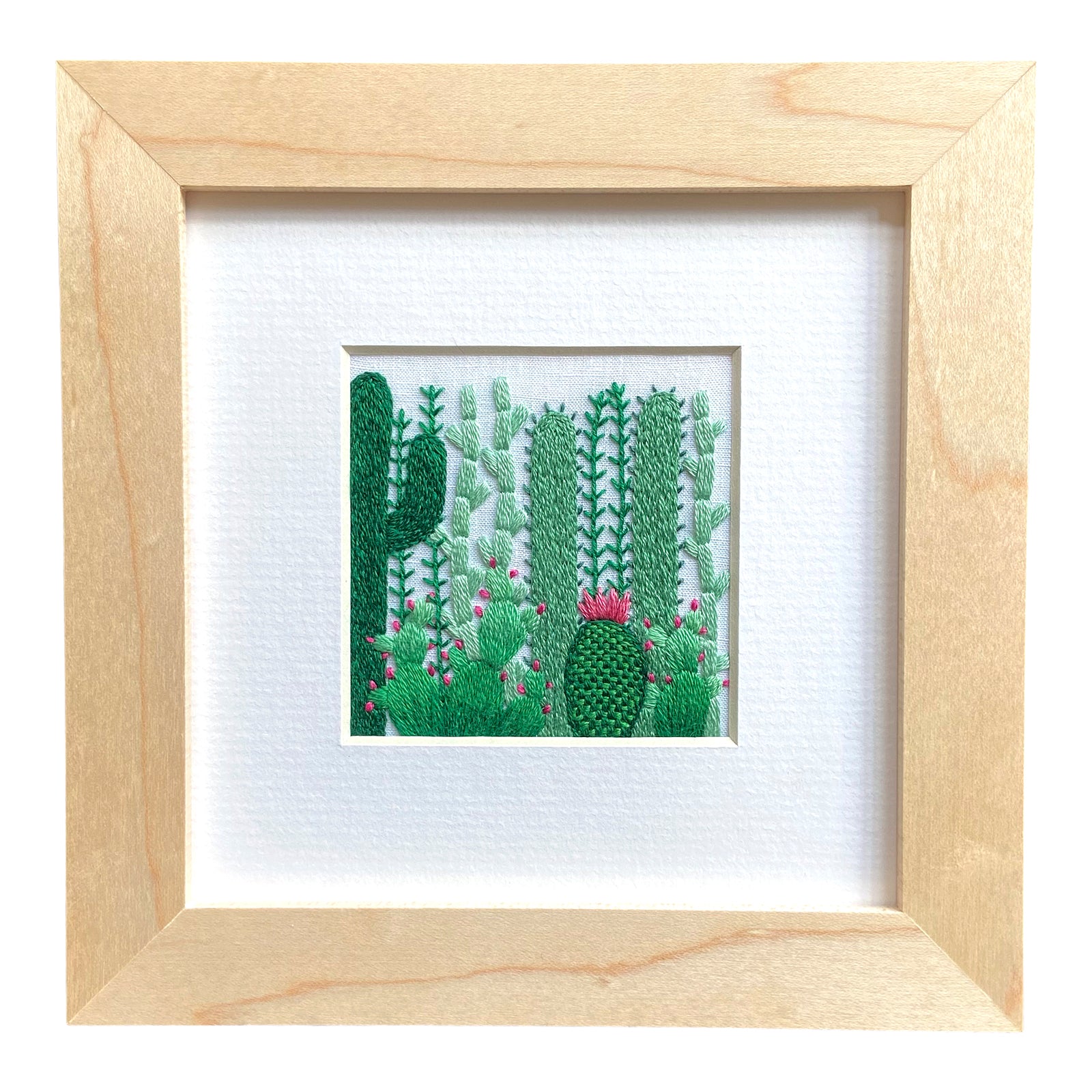 Cactus Grouping (2.5 inches) on White Linen Hand Embroidered Art