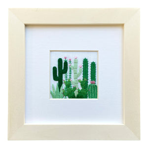 Cactus Grouping 2 (2.25") on White Linen Hand Embroidered Art