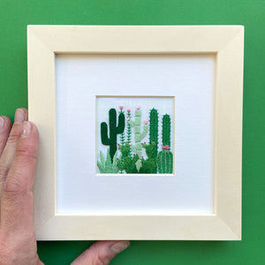 Cactus Grouping 2 (2.25") on White Linen Hand Embroidered Art