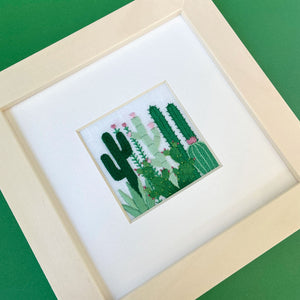 Cactus Grouping 2 (2.25") on White Linen Hand Embroidered Art