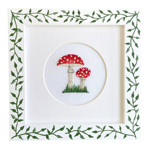 Two Amanita muscaria Mushrooms on White Linen Hand Embroidered Art