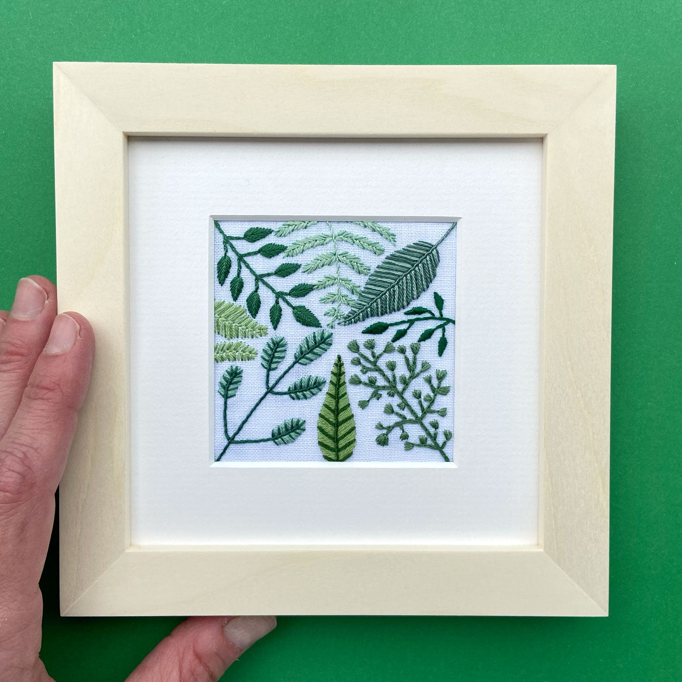 Leaves and Vines 1 (2.75") on White Linen Hand Embroidered Art