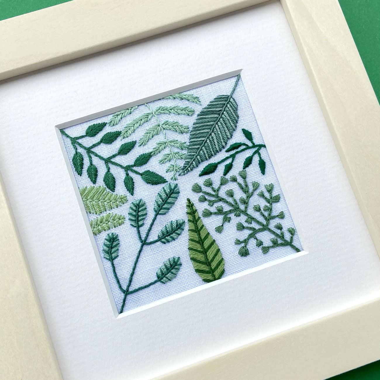 Leaves and Vines 1 (2.75") on White Linen Hand Embroidered Art