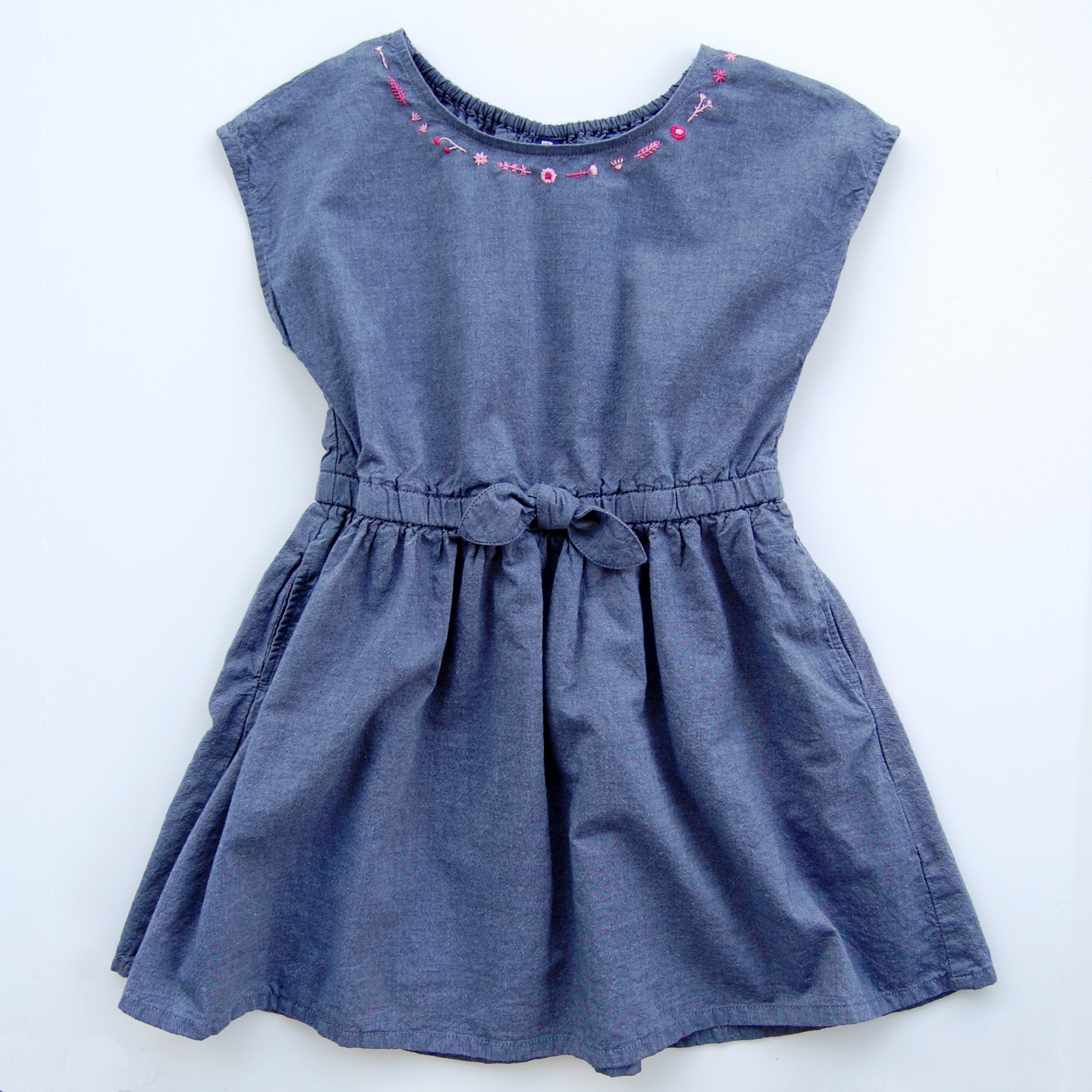 Girl's Embroidered Chambray Dress Pink Flowers (Size 3T-4T)