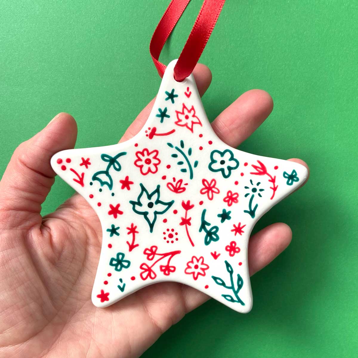 Red and Green Floral - Hand Painted Star Ornament