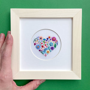 Rainbow Floral Heart on White Linen Hand Embroidered Art