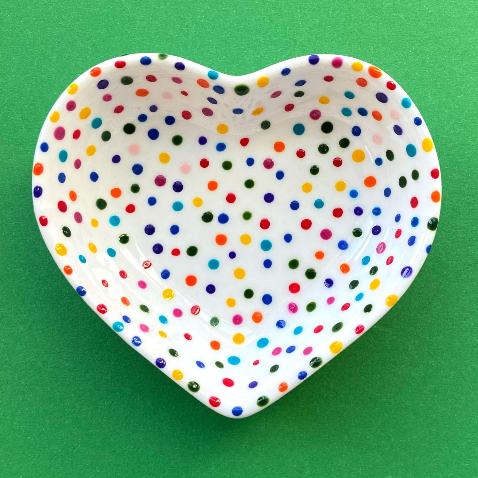 Rainbow Dot All Over 1 - Hand Painted Porcelain Heart Bowl