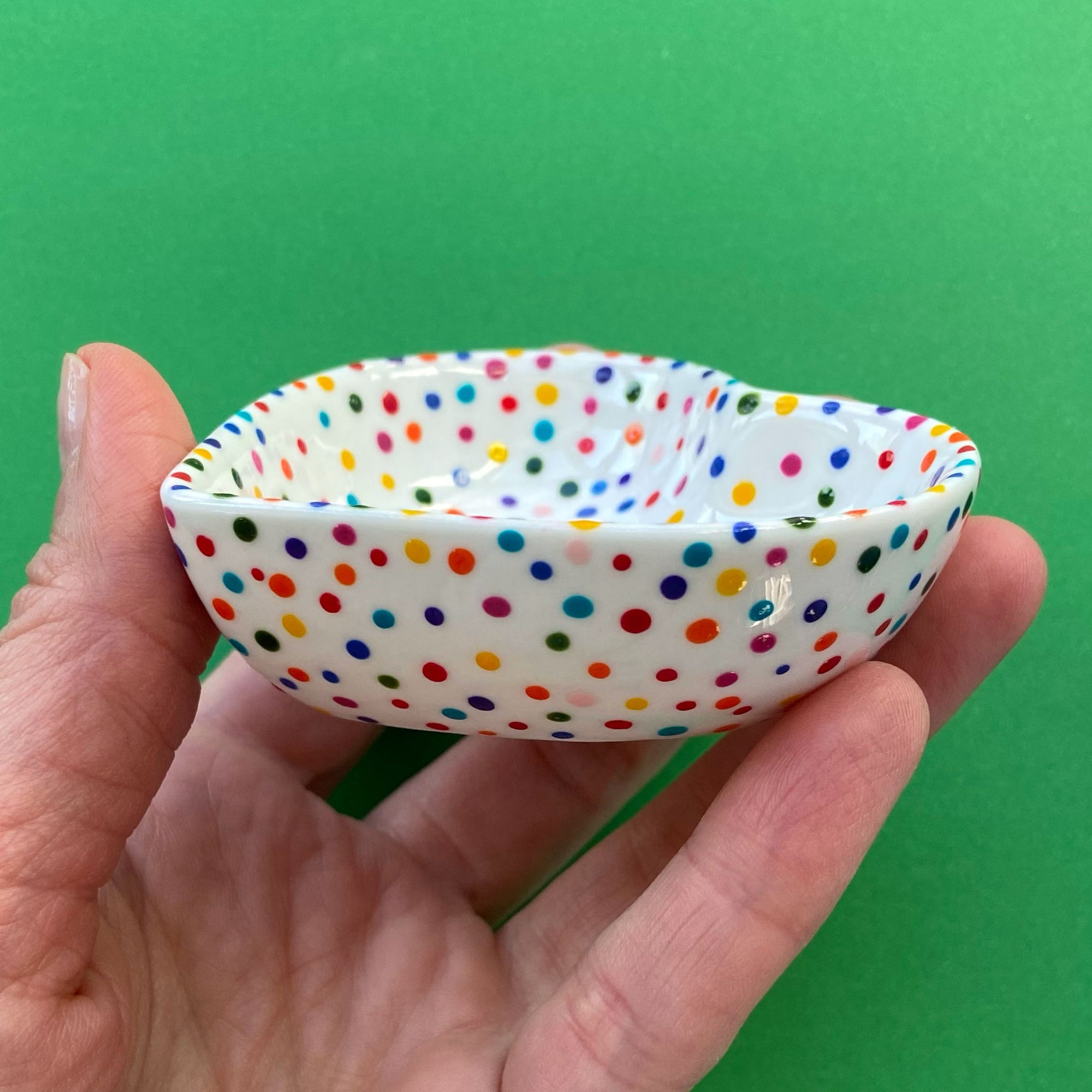 Rainbow Dot All Over 1 - Hand Painted Porcelain Heart Bowl