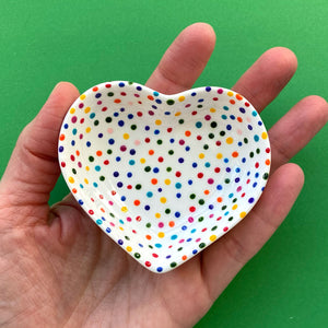 Rainbow Dot All Over 1 - Hand Painted Porcelain Heart Bowl