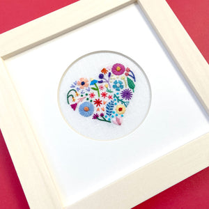 Rainbow Floral Heart on White Linen Hand Embroidered Art