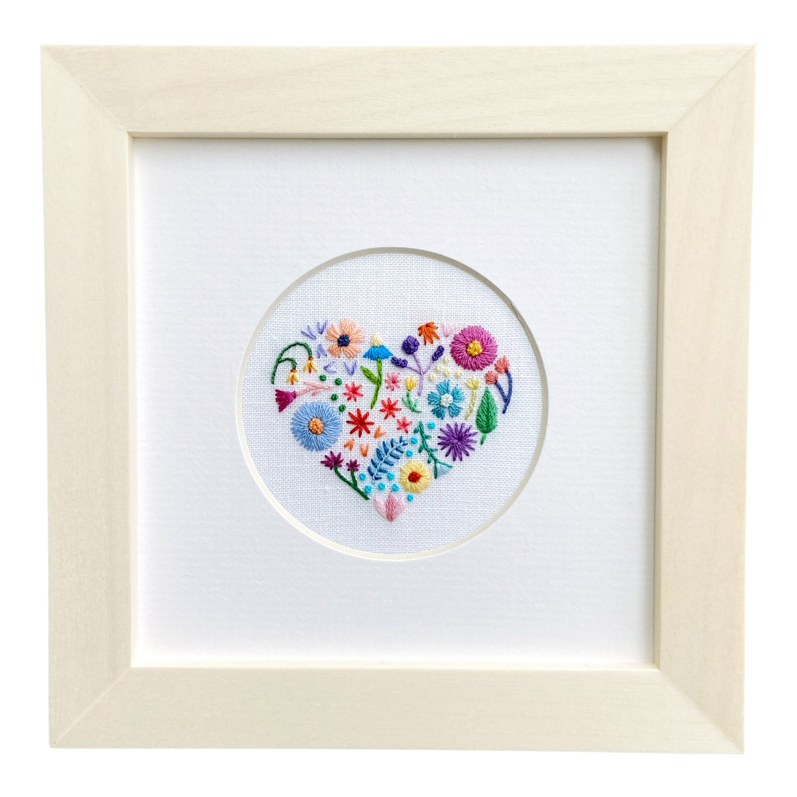 Rainbow Floral Heart on White Linen Hand Embroidered Art