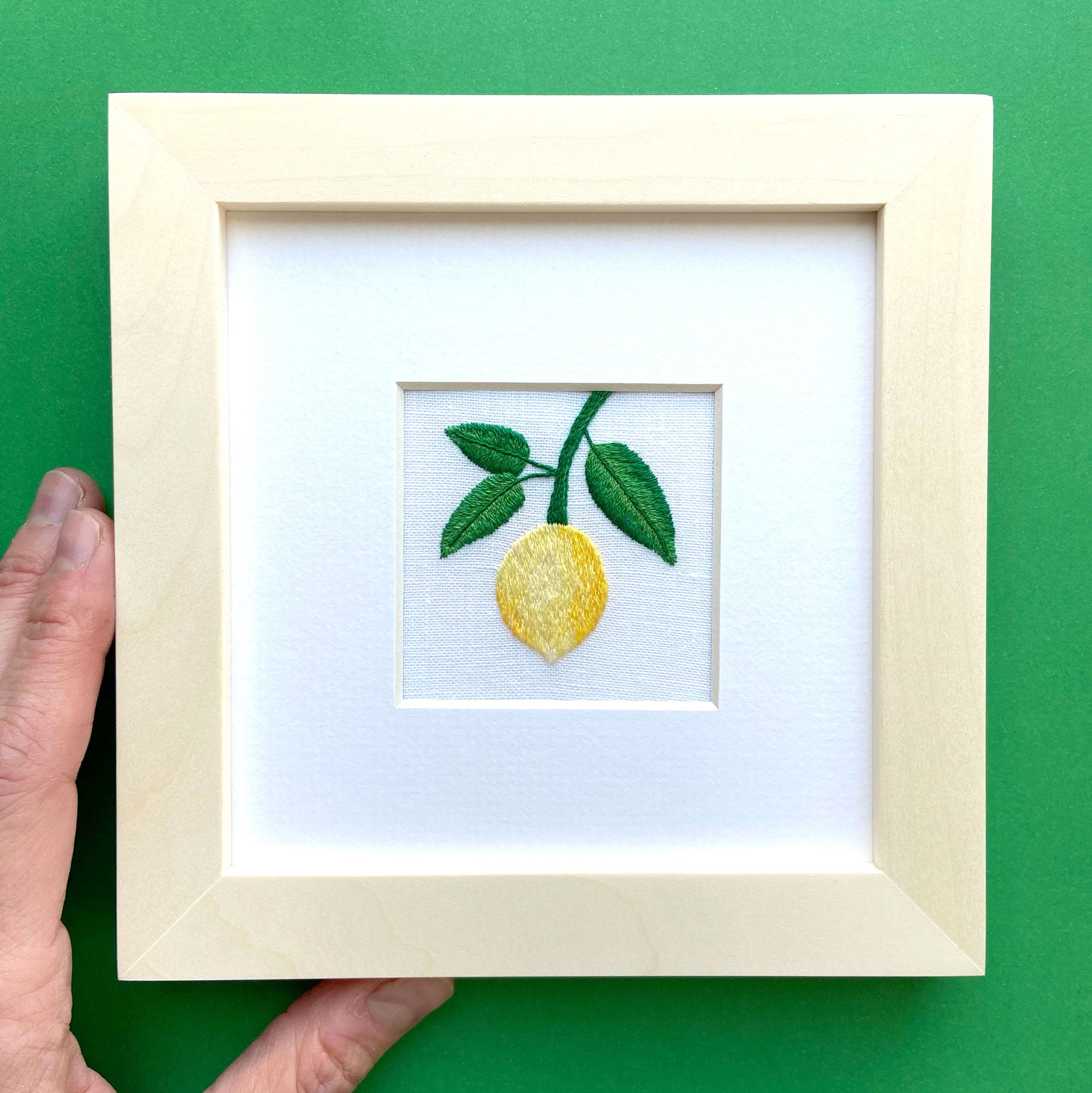 Lemon on the Vine on White Linen Hand Embroidered Art
