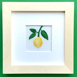 Lemon on the Vine on White Linen Hand Embroidered Art