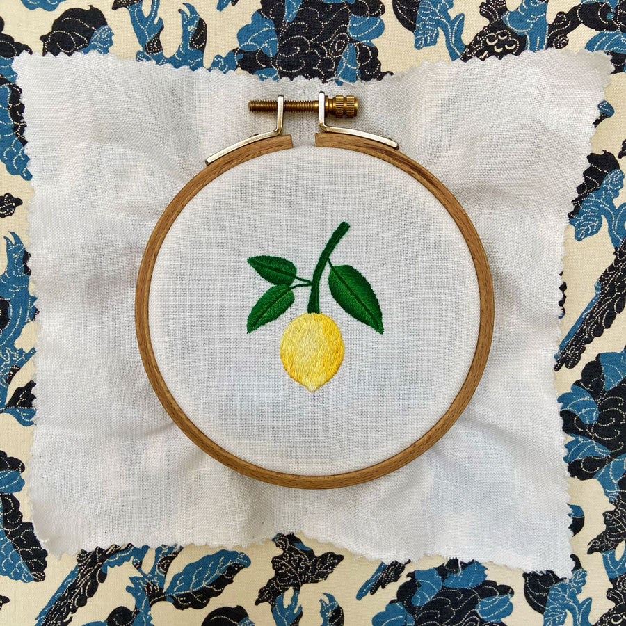 Lemon on the Vine on White Linen Hand Embroidered Art