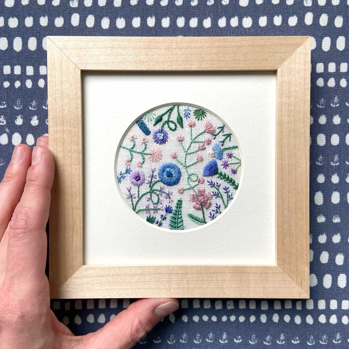Summer Pastel Garden (3 inches) on Cream Linen Hand Embroidered Art