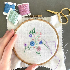 Summer Pastel Garden (3 inches) on Cream Linen Hand Embroidered Art