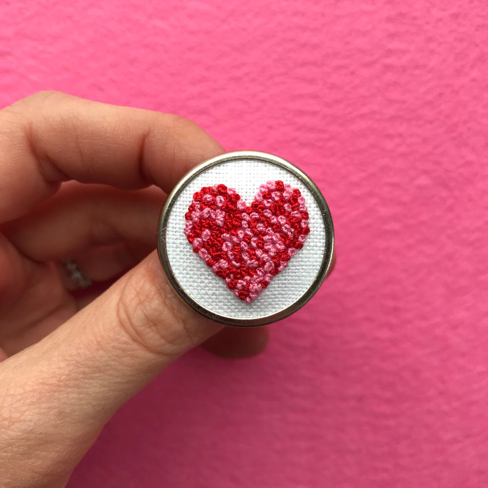 Hand Embroidered Pin - Heart 1 Red and Pink on White