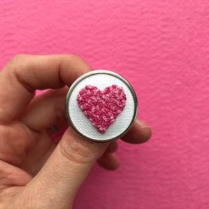 Hand Embroidered Pin - Heart 2 Pinks on White