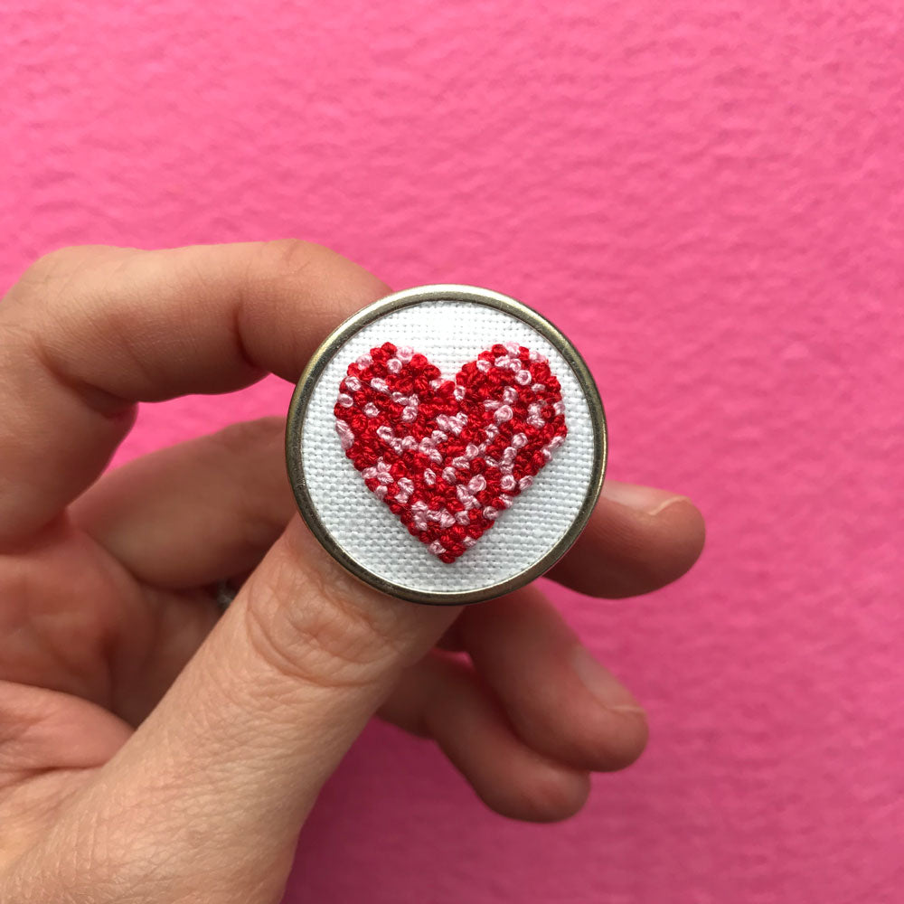 Hand Embroidered Pin - Heart 3 Red and Pink on White