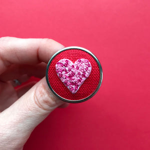 Hand Embroidered Pin - Heart 4 Pinks on Red