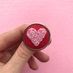 Hand Embroidered Pin - Heart 5 Pinks on Red