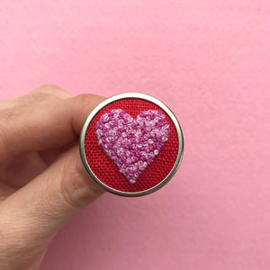 Hand Embroidered Pin - Heart 6 Pinks on Red