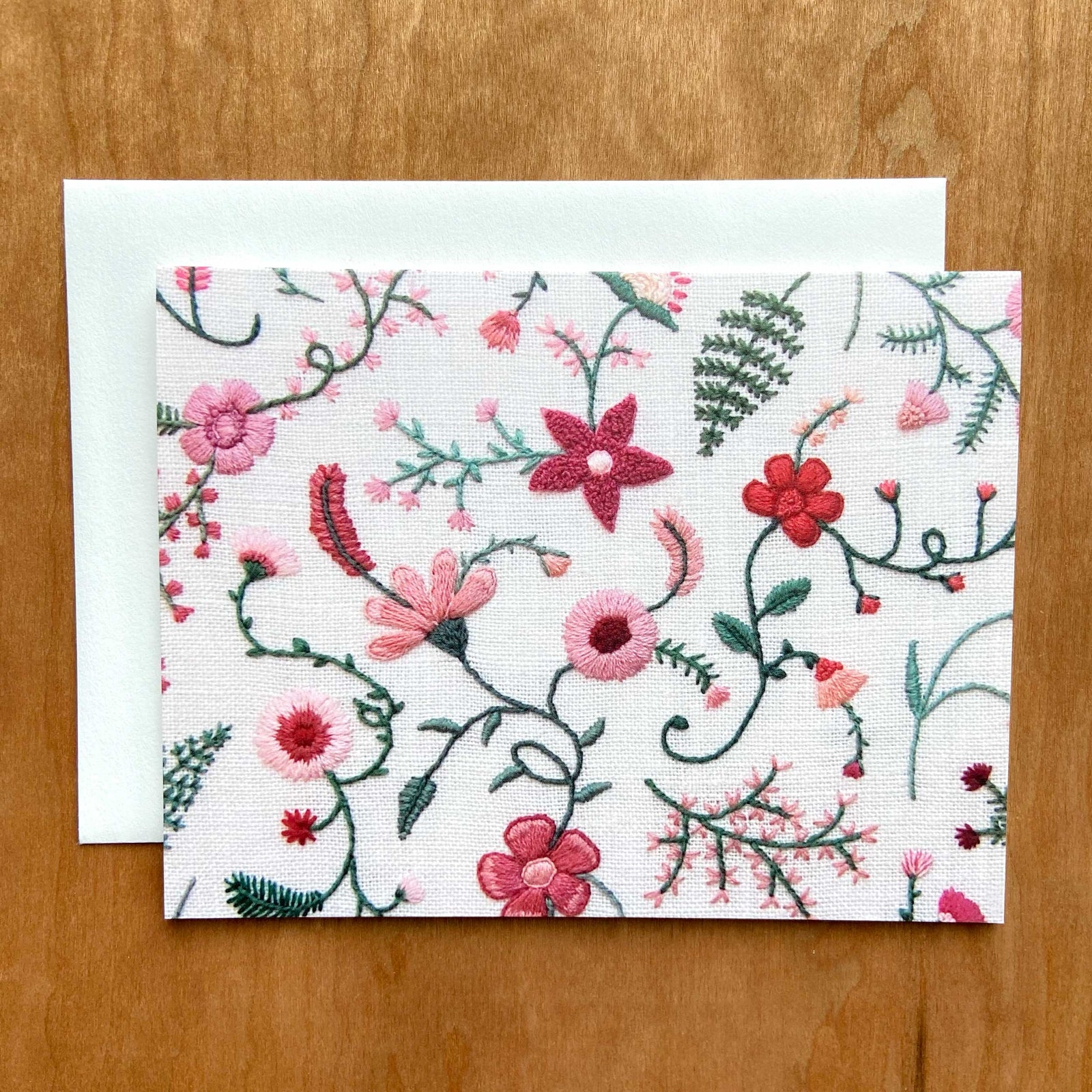 Happy Cactus Designs Hand Embroidered Photo Stationery - Pink Flowers and Green Vines