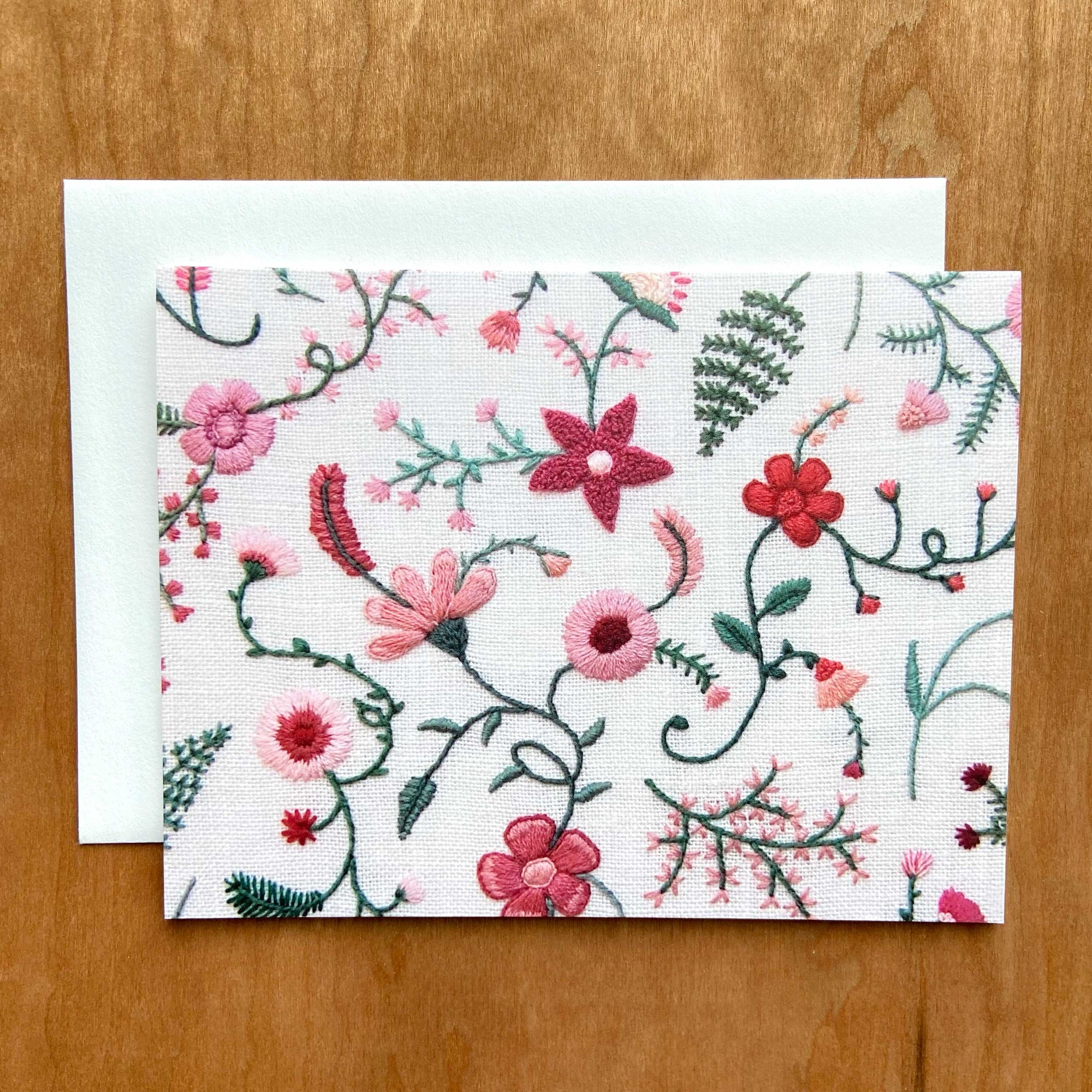 Happy Cactus Designs Hand Embroidered Photo Stationery - Pink Flowers and Green Vines