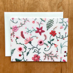 Happy Cactus Designs Hand Embroidered Photo Stationery - Pink Flowers and Green Vines