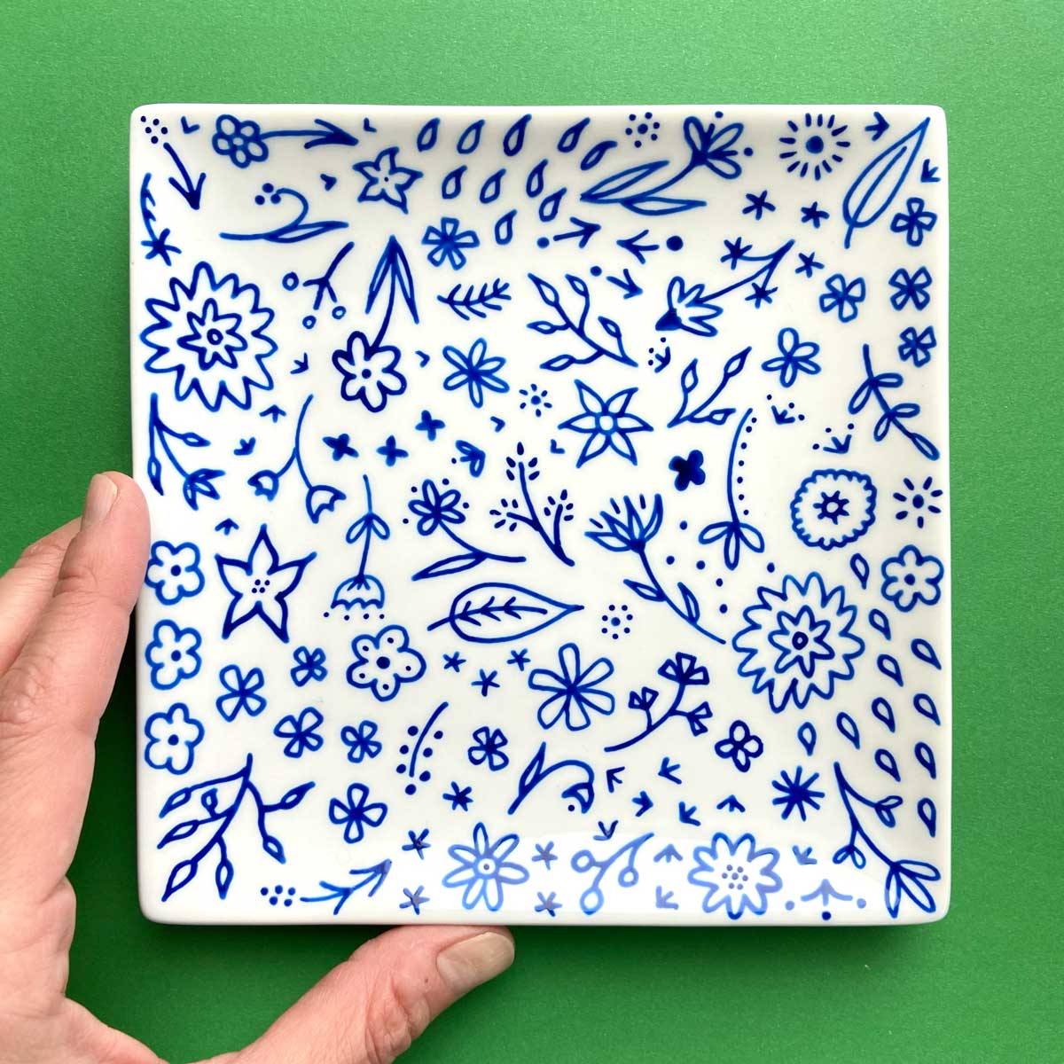 Blue Floral - Hand Painted Porcelain Square Plate